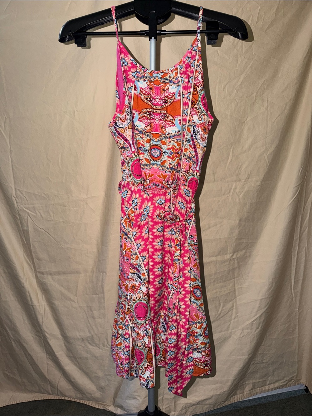 Pink Paisley-Print Midi Dress with Spaghetti Straps